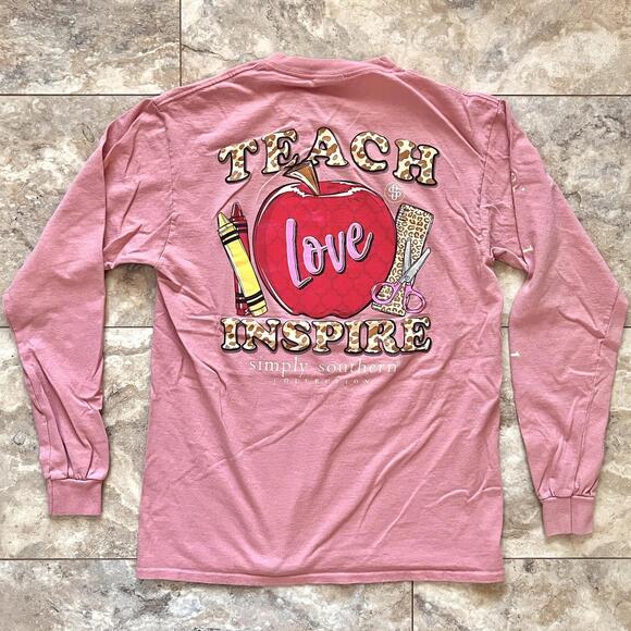 Simply Southern Women’s Long Sleeve Teach Love Inspire T Shirt Sz M Peach Color - Picture 1 of 6